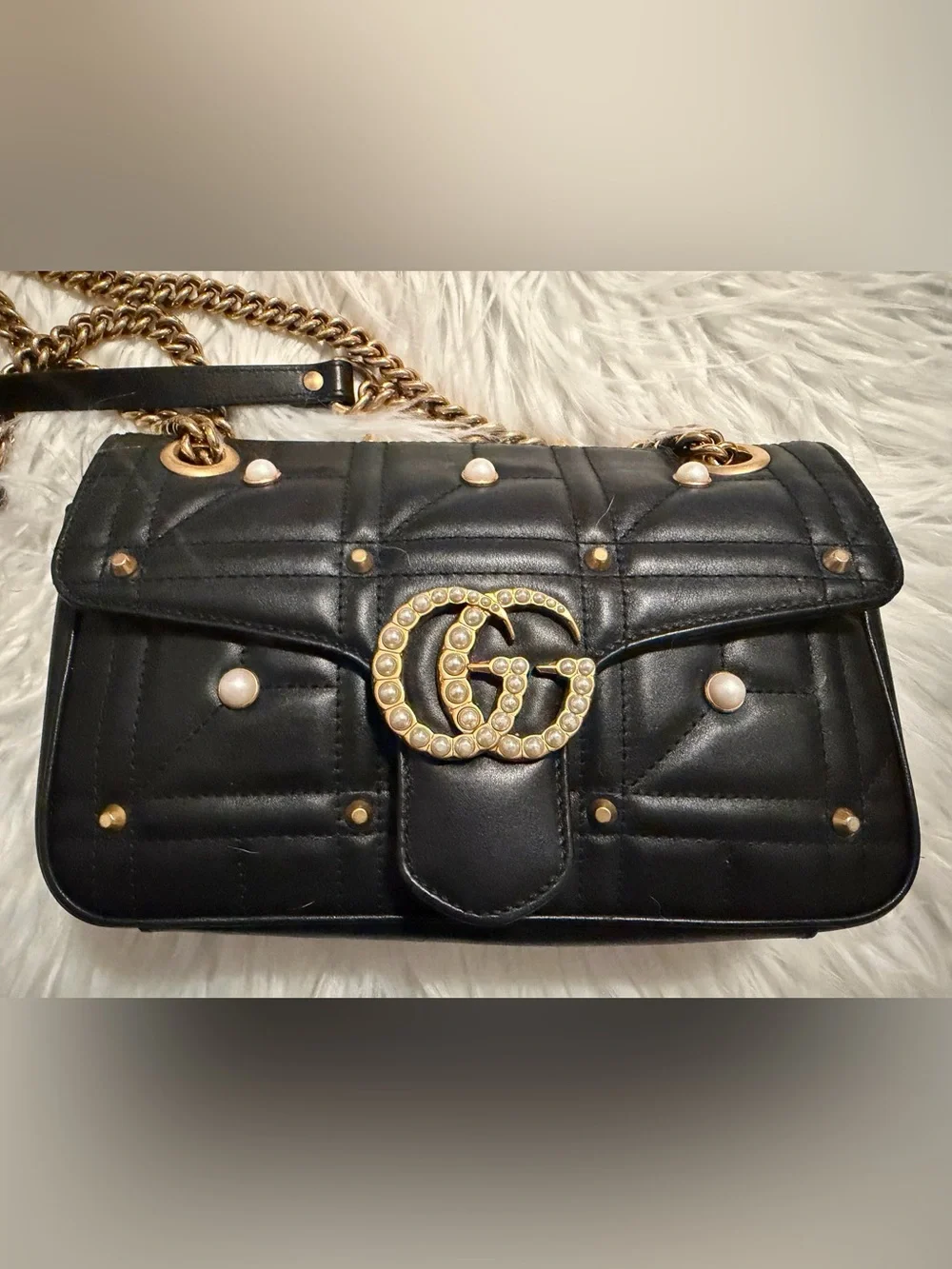 💗 Gucci GG Marmont Pearly Small Black Matelasse Leather Shoulder Bag Limited Ed - Picture 3 of 16